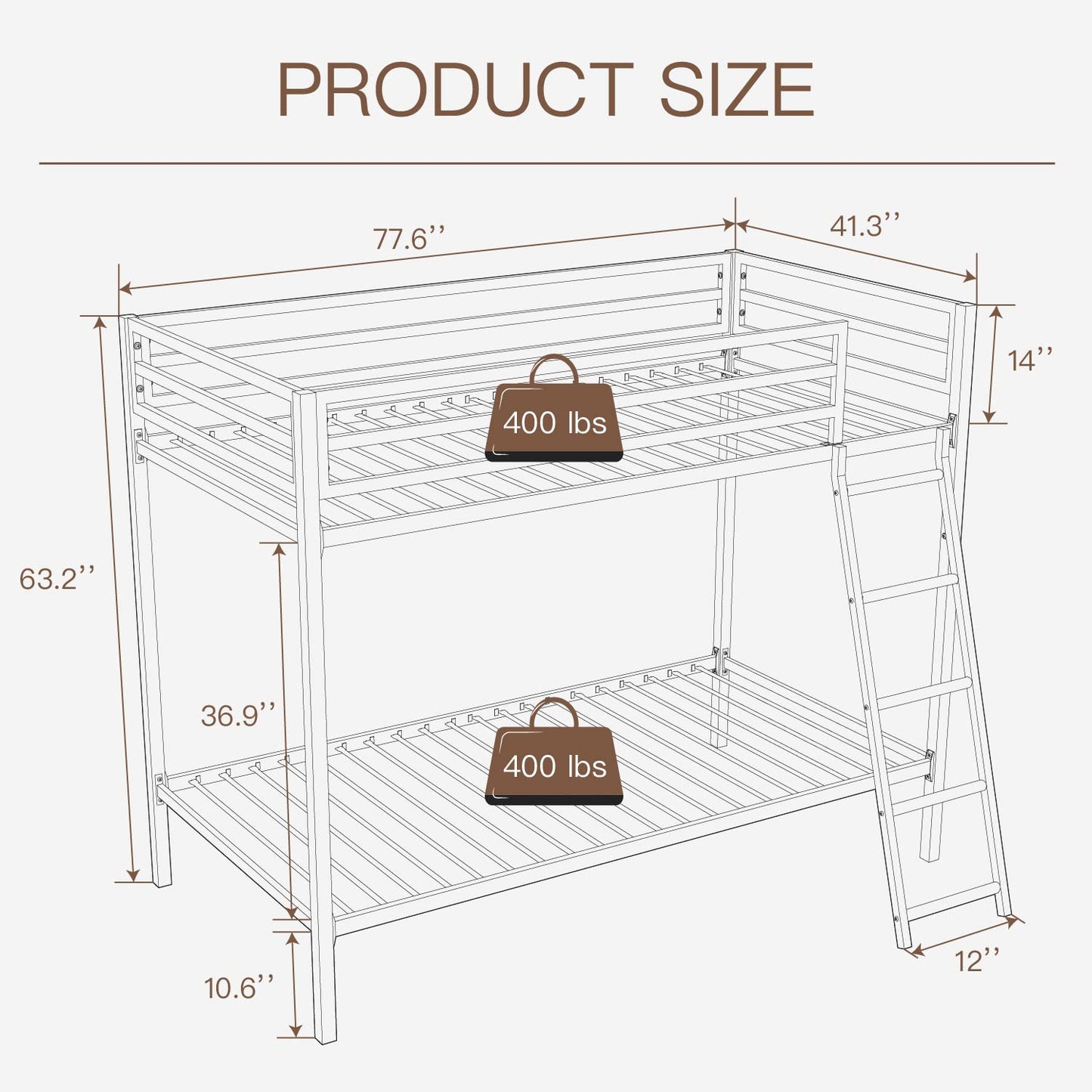 ikalido Metal Bunk Bed Twin Over Twin Size, Heavy Duty Twin Bunk Beds with Safety 14" Guard Rail & Sturdy Inclined Ladder, Space-Saving/No Box Spring Needed/Matte Black