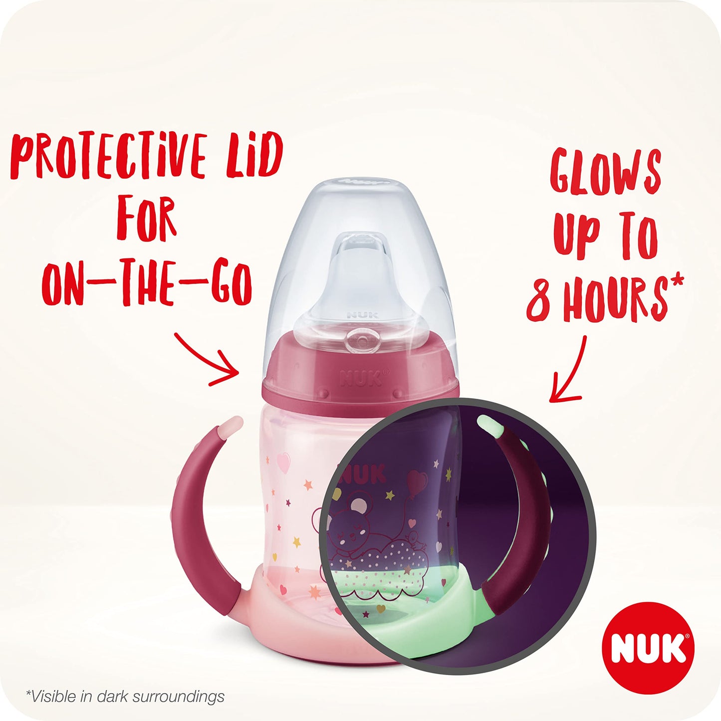 NUK First Choice Sippy Cup Night | 6-18 Months | 150 ml | Glow in The Dark | Handles & Orthodontic latex teats | Leak-Proof | Anti-Colic | BPA-Free | Green