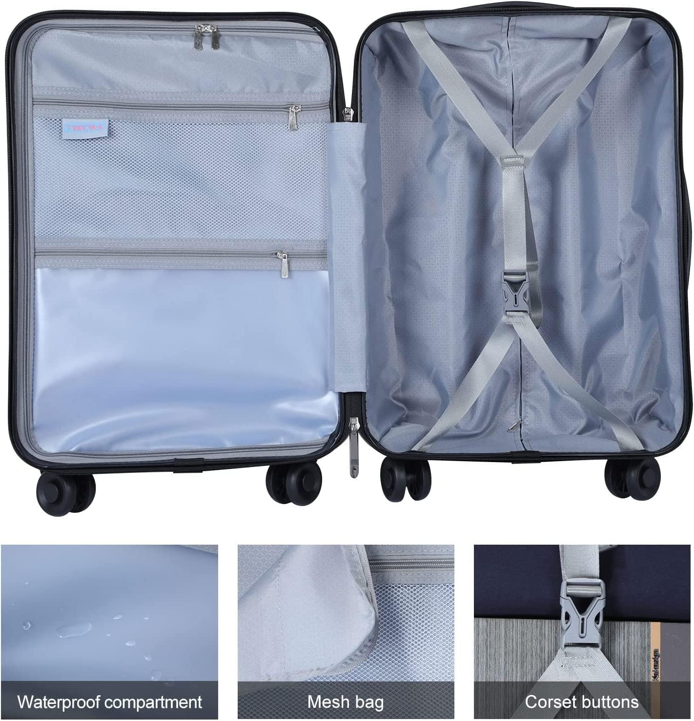 TydeCkare 20 Inch Carrry On Luggage with Front Zipper Pocket, 45L, Lightweight ABS+PC Hardshell Suitcase with TSA Lock & Spinner Silent Wheels, Convenient for Business Trips, Ice Blue