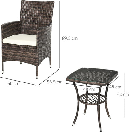 Outsunny Garden Outdoor Rattan Furniture Bistro Set 3 PCs Patio Weave Companion Chair Table Set Conservatory (Brown)