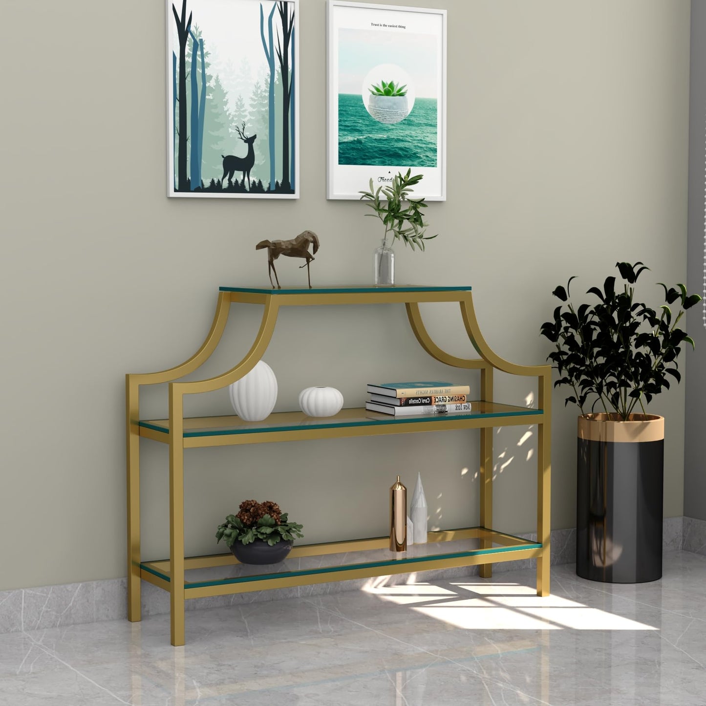 RIGID Console Table | Corner End Table with Stainless Steel Frame and Glass Top for Living Room, Office