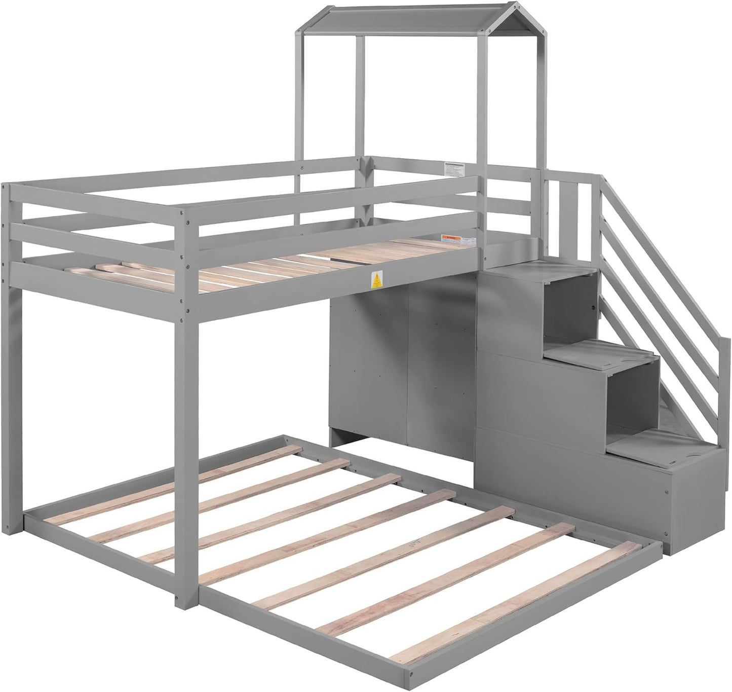 MOEO Twin Over Full House Roof Bunk Bed with Staircase and Shelves, Bedroom Wooden Bunkbed Fram w/Storage, Guard Rails for Kids, Teens, Adults, No Box Spring Required, Gray