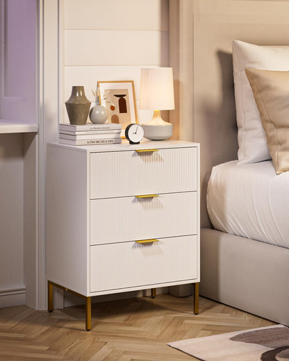 Aienvey Nightstand,Tall Bedside Table with Gold Frame,White Night Stand,Bedside Furniture,Side Table with Drawer and Shelf,Fluted Drawer Dresser for Bedroom,Living Roomfor Bedroom,Living Room