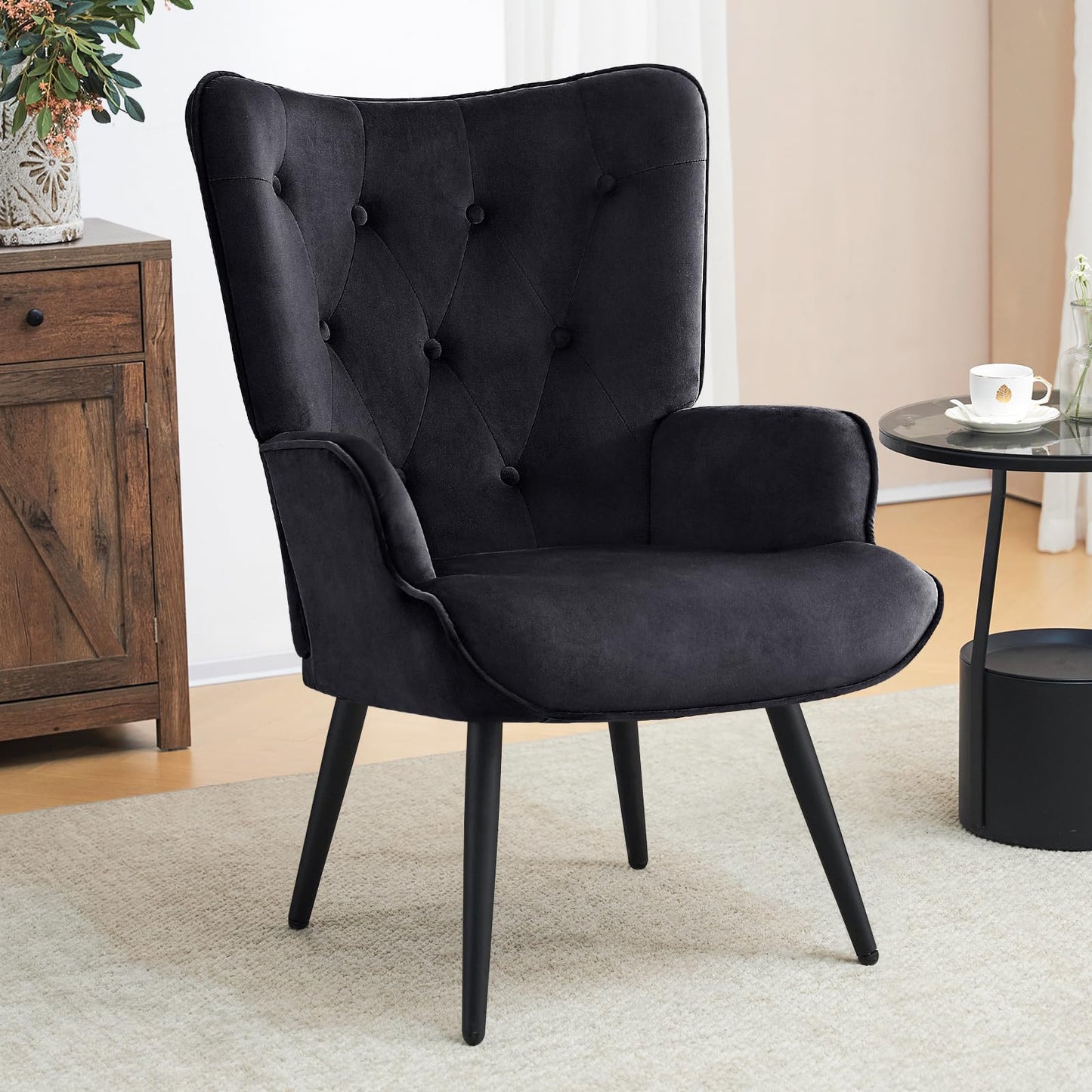 Furniliving Velvet Accent Chair Modern Upholstered Side Armchair with Tapered Legs Tufted Button Wingback Sofa Chairs Tall Back Reading for Living Room Bedroom Waiting Room, Black