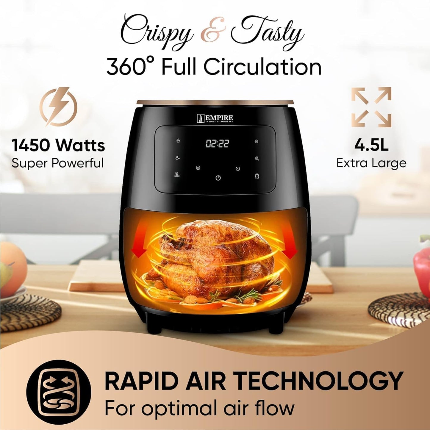 Empire Air Fryer 4.5L with Non-Stick Basket, 1400W High Power Digital Airfryer, 8 Pre-Set Functions, Digital LCD Smart Touch Screen Air Fryer Oven for Kitchen,BPA Free,Dishwasher Safe with FREE E-Book