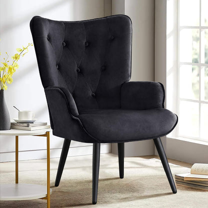 Furniliving Velvet Accent Chair Modern Upholstered Side Armchair with Tapered Legs Tufted Button Wingback Sofa Chairs Tall Back Reading for Living Room Bedroom Waiting Room, Black