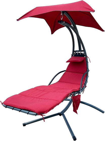 BalanceFrom Hanging Curved Chaise Lounge Chair Swing with Cushion, Pillow, Canopy, Stand and Storage Pouch, 330-Pound Capacity