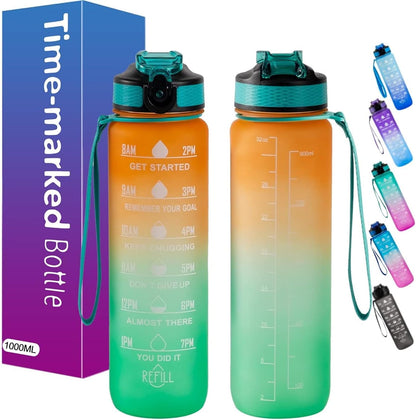 Illys Plastic Water Bottle, 1L / 32oz with Motivational Time Marker (Multi colour)