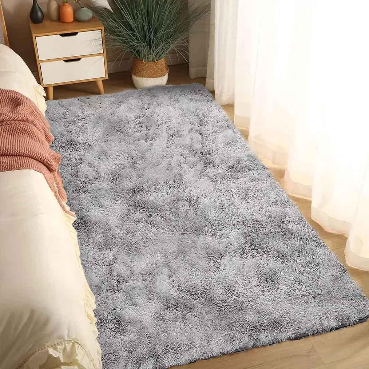 Leesentec Area Rugs Soft Fluffy Carpets For Living room Shaggy Rug Modern Area Rug For Bedroom Anti-Slip Rugs For Kids Room Indoor Home Decorative Carpet (Black Grey, 185 x 185 cm)