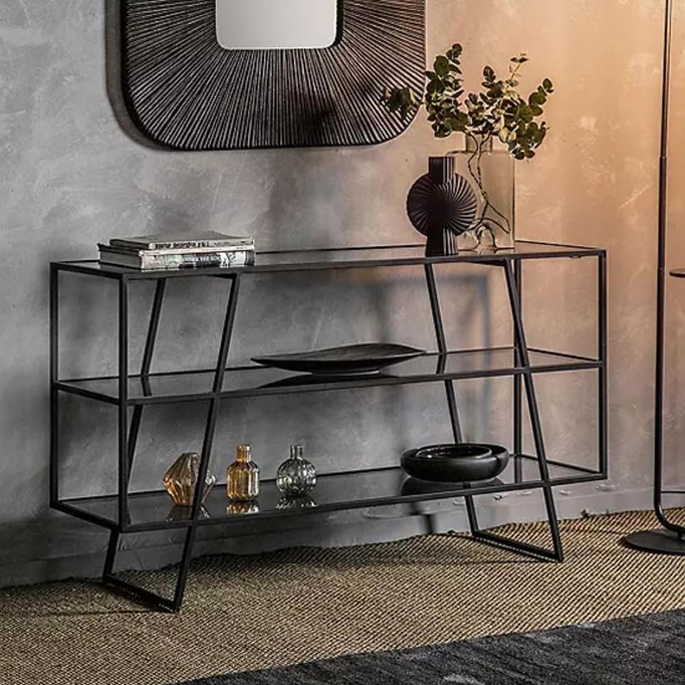 Makeup Toy 3-Tier Metal Console Table with Trio Black Glass Shelves - Versatile Home Furniture for Living Room, Entryway, and More - Stylish TV Stand, Dressing Table, and Narrow Console