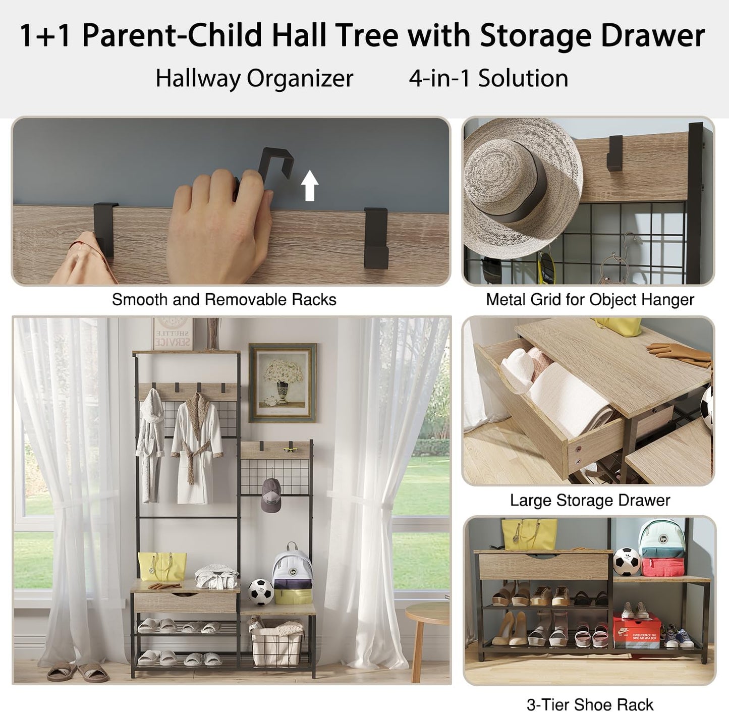 CharaVector 4-in-1 Hall Tree with Storage Drawer, Entryway Bench with Coat Rack, Parent-Child Hall Tree with Entryway Bench and Shoe Storage, Industrial Wood Furniture with Stable Metal Frame，oak