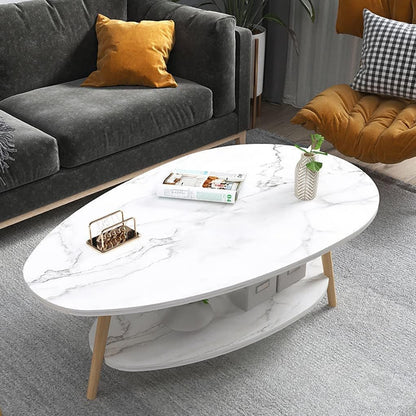 DUSALA Coffee Table-Oval Wood Coffee Table with Open Shelving for Storage and Display 2 Tier Sofa Table, Small Modern Furniture for Living Room&Home (Marble white)