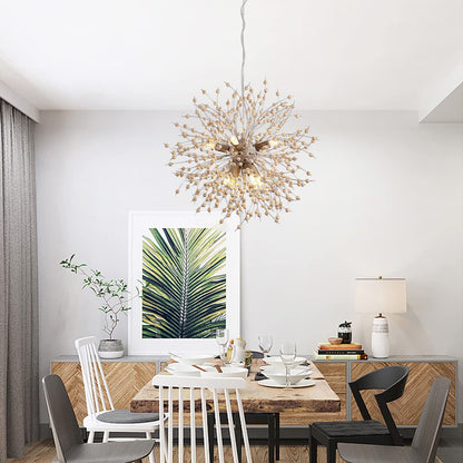 Oninio Modern Wooden Beads Dandelion Chandelier, Firework Pendant Lighting, 8-Lights Sputnik Ceiling Hanging Light Fixture for Living Room Dining Room Bedroom Kitchen Foyer(G9 Base,Bulb NOT included）