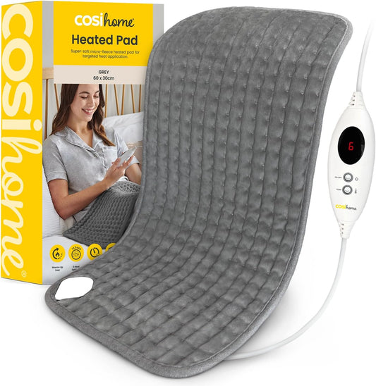 Heating Pad by Cosi Home - Luxury Electric Heating Pad for Pain Relief - 60cm x 30cm Extra-Large, Machine Washable, Digital Remote and 6 Heat Settings to Warm and Relax (Grey) - Heated Pad