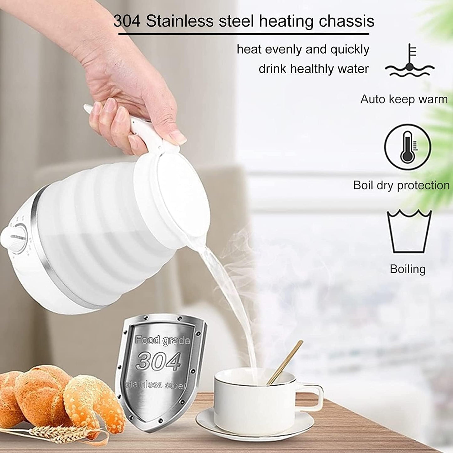 0.6L Portable Electric Kettle | Foldable & Collapsible Travel Tea Kettle | Temperature Control and Auto Keep Warm, Small Hot Water Heater Kettle for Boiling Water