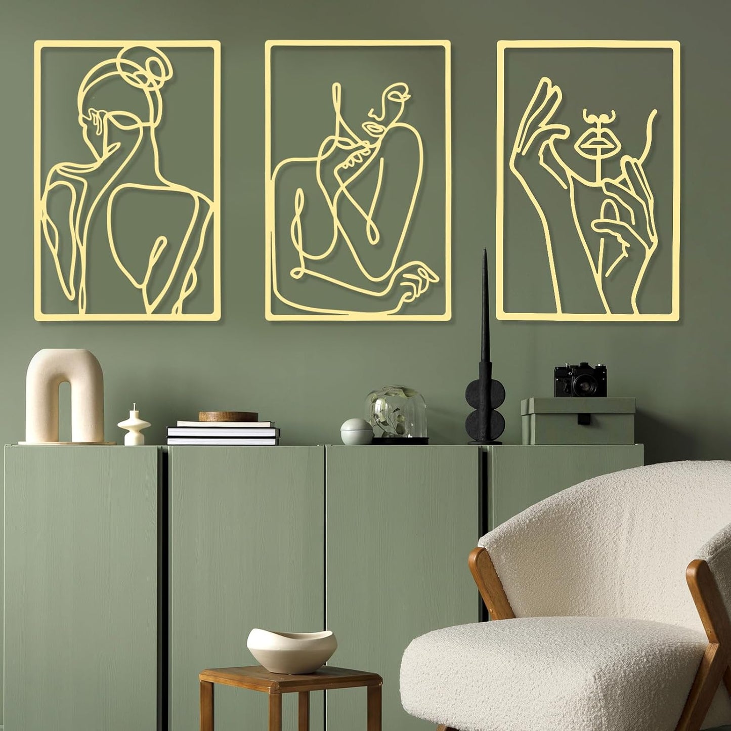 CHENGU 3 Pieces Metal Minimalist Abstract Woman Wall Art Line Drawing Wall Art Decor Single Line Female Home Hanging Wall Art Decor for Kitchen Bathroom Living Room (Black, Hand)