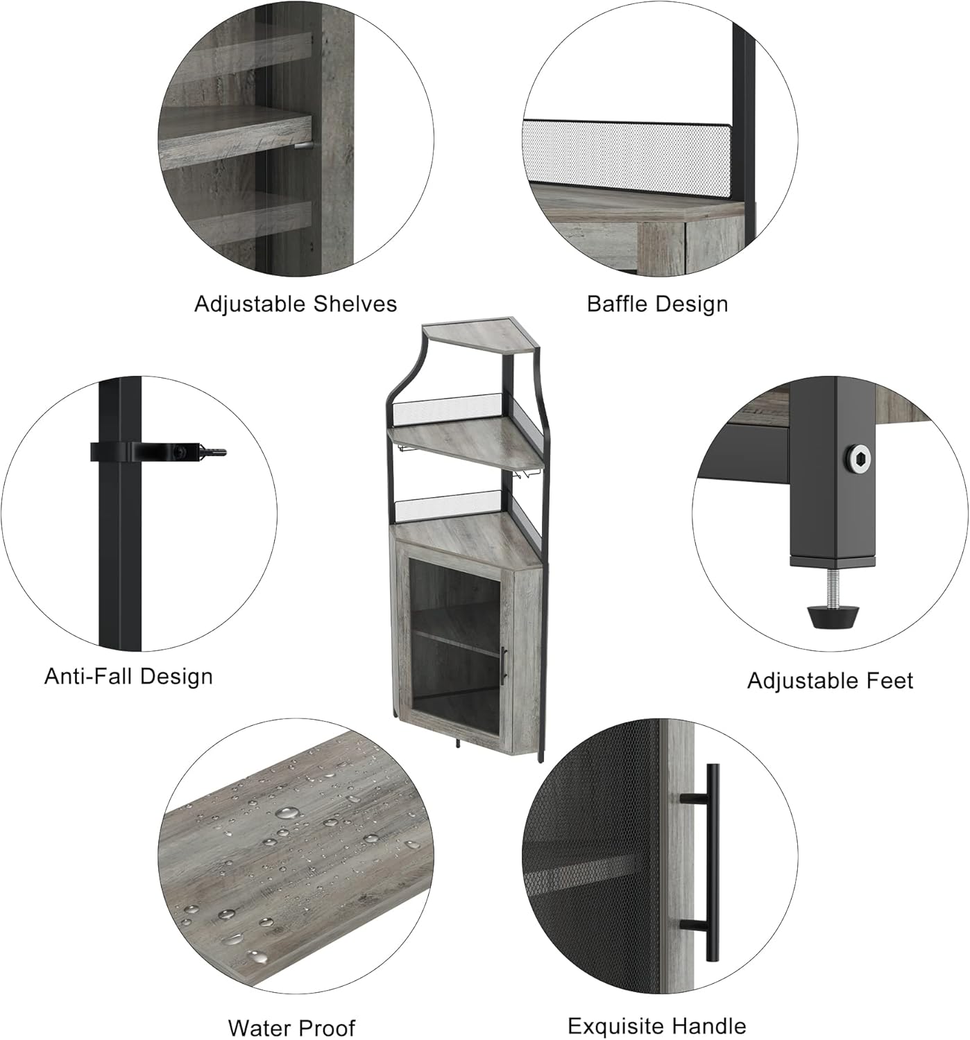 IDEALHOUSE Corner Wine Bar Cabinet with Detachable Wine Rack, Bar Cabinet with Glass Holder, Small Sideboard and Buffet Cabinet with Mesh Door (Grey)