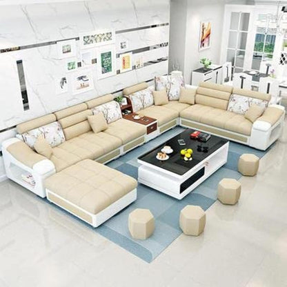 Modern Couch U Shaped Fabric Living Room Furniture Chaise Lounge Recliner Sectional L Shape Corner Sofa Sets (Beige)