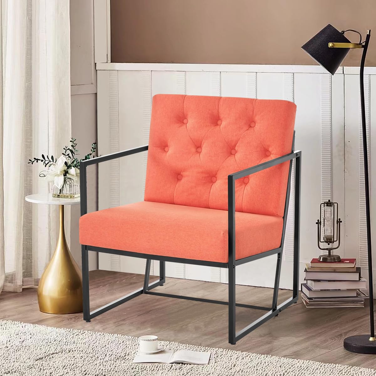 VANCIKI Accent Chair - Living Room Chairs Upholstered Soft Comfortable Oversized Armchair Classic Metal Frame for Bedroom Reading Room Office Relaxing (Mid-Century Modern, Orange)