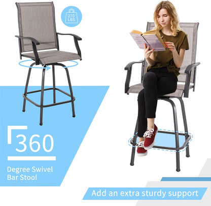 Shintenchi 3 Pieces Patio Swivel Bar Set, All Weather Textile Fabric Outdoor High Bar Stool Bistro Set with 2 Bar Chairs and Glass Table for Home, Backyard, Garden, Lawn, Porch (Brown)