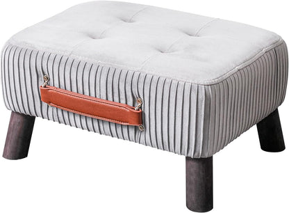 Small foot stool ottoman, Beige PU leather rectangle ottoman footrest, bedside step stool with wood legs, small Rectangular stool, foot rest for couch, small ottoman for desk, living room, bedroom