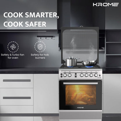 KROME 60x60cm Free Standing Cooker, Cast Iron,Gas Oven, Full Gas Ignition with 4 Burners, Stainless Steel Cooking Range, Double Knob Control, Full Safety, MADE IN TURKEY, INOX, KR-CR 606KF