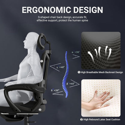 USOR Ergonomic Office Chair Desk Gaming Computer Chair Breathable Mesh High Back Chair Adjustable Headrest Lumbar Support PU Wheels Swivel Computer Task Tilt Function Chair with Footrest (BLACK)