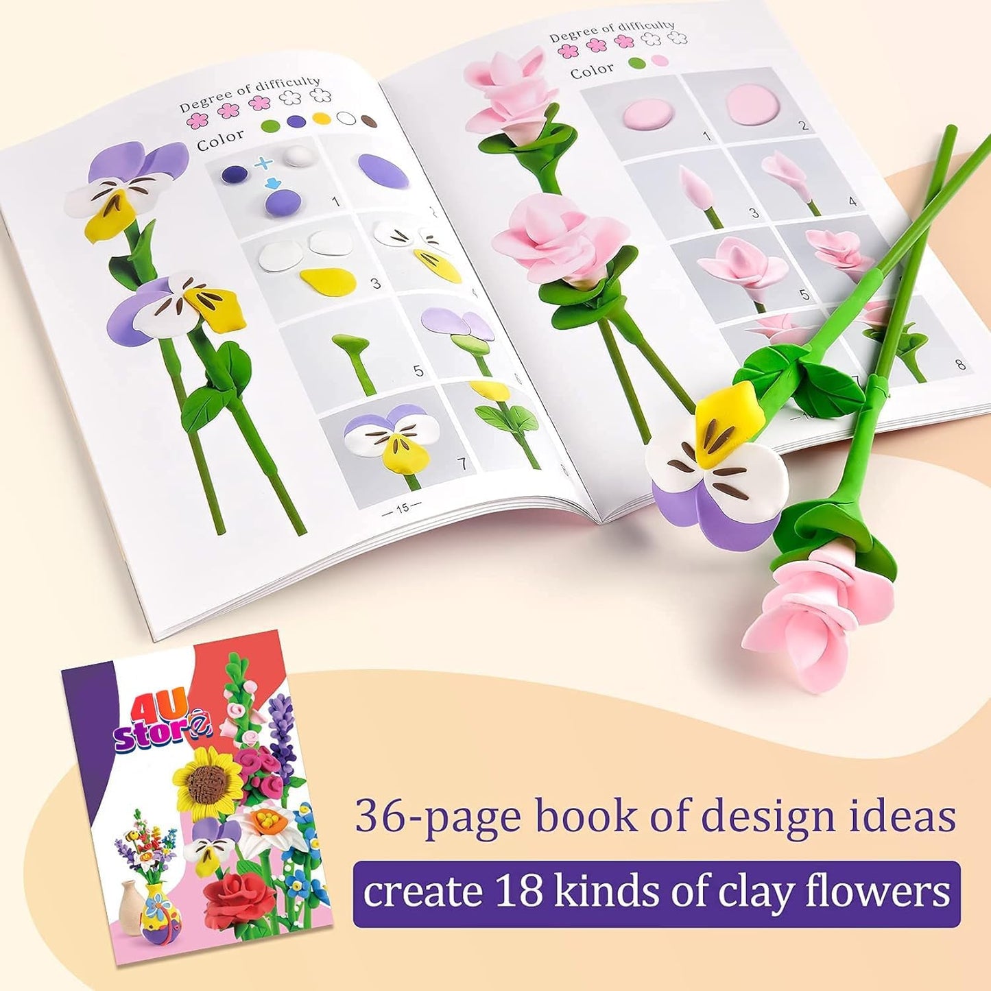 4USTORE Dinosaur Craft Kit for Kids, Make Your Own Flower Bouquet with Air Dry Clay, Arrange Clay Flowers & Create Personalized Art, Great Gifts for Girls