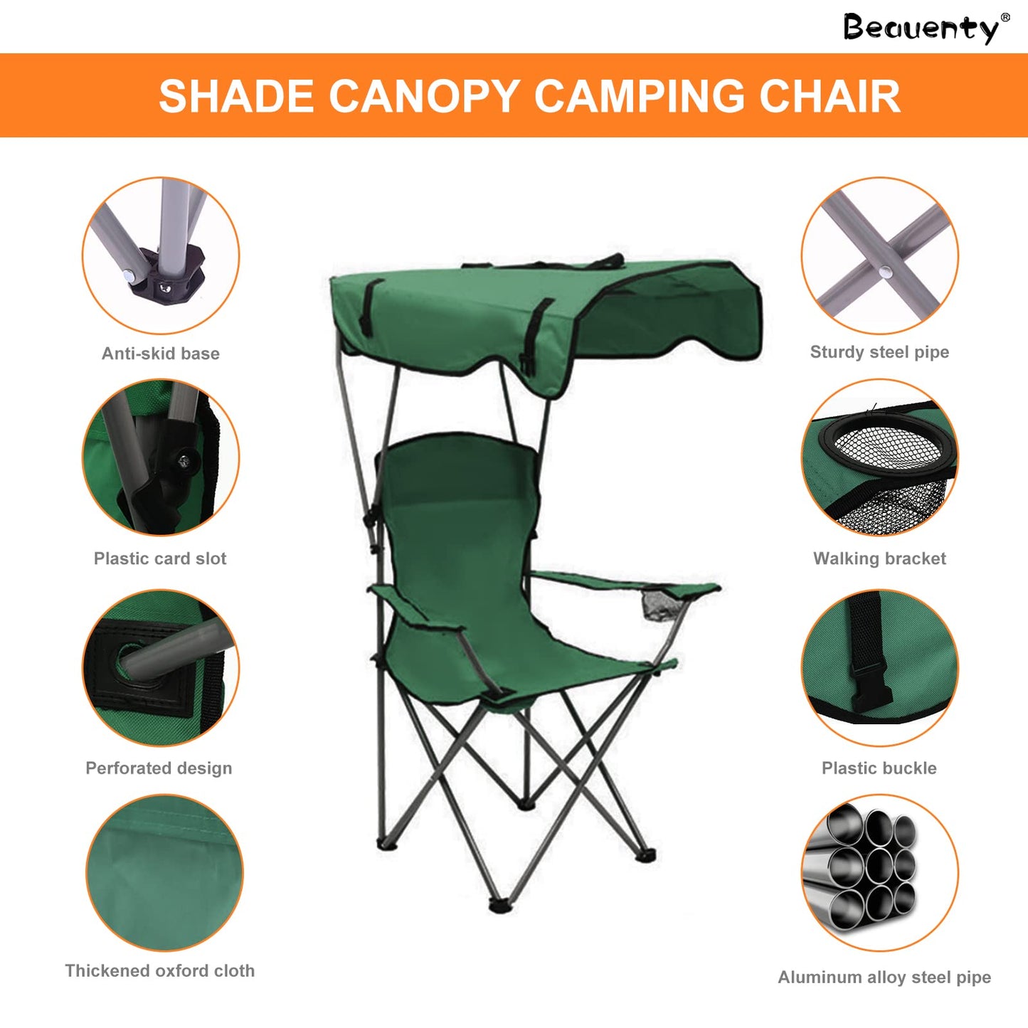 Beauenty Foldable Camping Chair with Armrests Outdoor Beach Chair With sunshade Perfect for Beach,go fishing，barbecue，Lawn，Picnic (green)