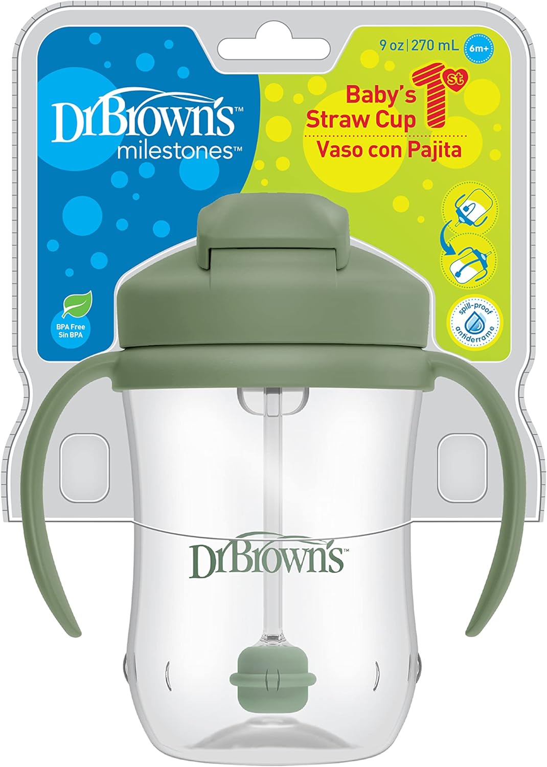 Dr. Brown's Milestones Baby's First Straw Cup Sippy Cup with Straw 6m+, 9oz/270ml, Dark Blue