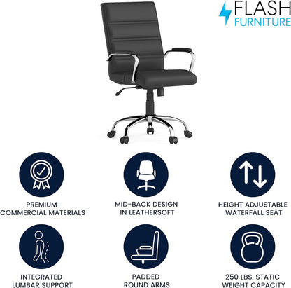 Flash Furniture Executive Office Chair, Ergonomic Contoured And Height Adjustable Leather Seat, Chrome Arms Tilt Lock Lever, White