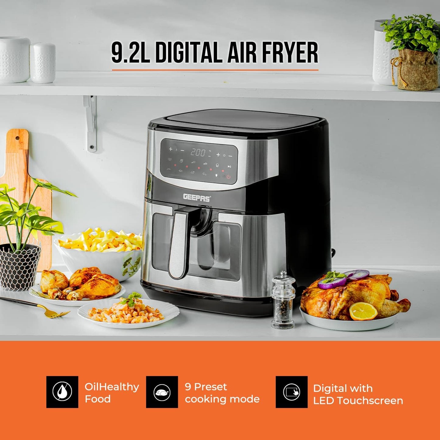 Geepas 9.2L Digital Air Fryer with Vortex – Family-Sized 9-in-1 Convection LED Touchscreen, 60 Minutes Timer & Non-Stick Basket Oil Free Toaster Oven | 2 Years Warranty