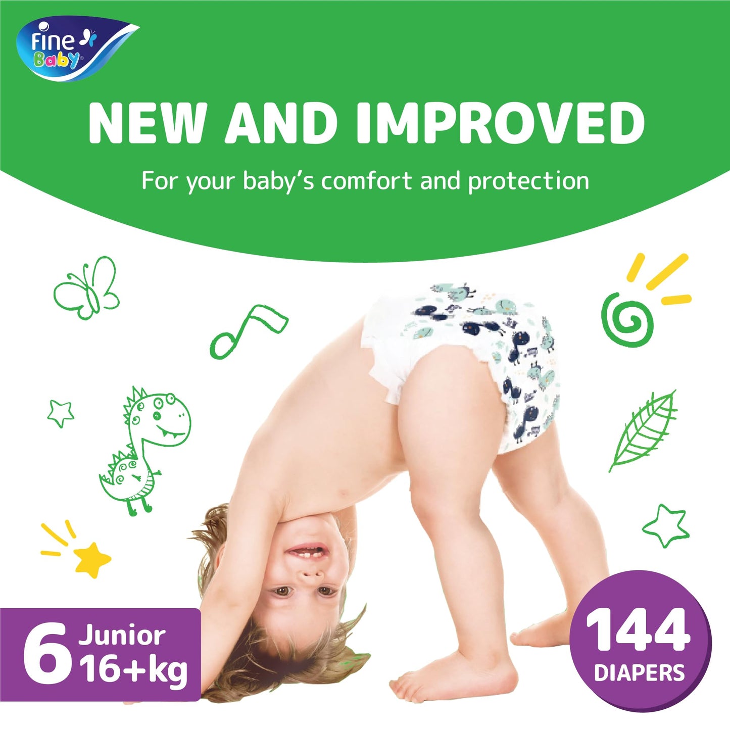 Fine Baby Diapers, Size 6, Junior, 16+ kg, 144 Diaper