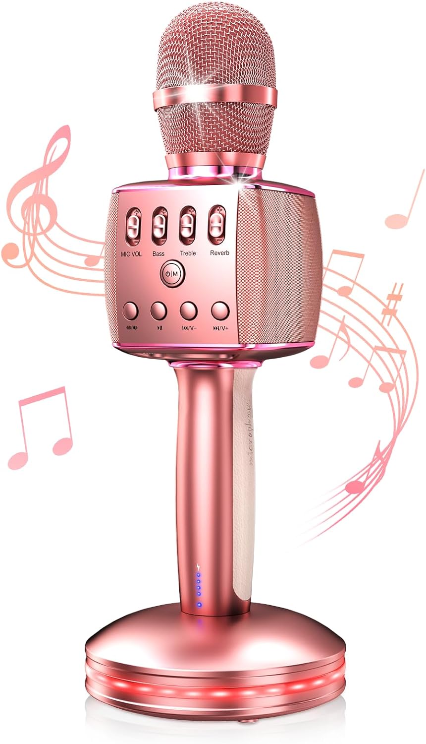 JINCOR Karaoke Microphone, Wireless Bluetooth Microphone Built-in Dual Speakers with Charging Base, Duet Mode,Vocal Remove for Home Birthday Party Kids Adults (Rose Gold)