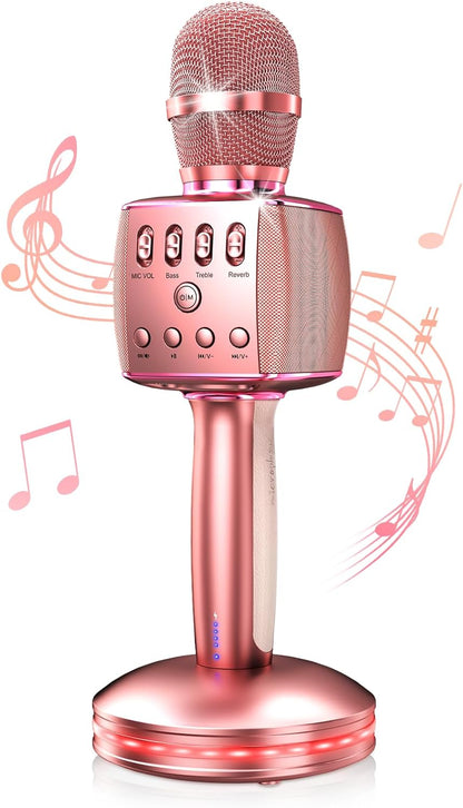 JINCOR Karaoke Microphone, Wireless Bluetooth Microphone Built-in Dual Speakers with Charging Base, Duet Mode,Vocal Remove for Home Birthday Party Kids Adults (Rose Gold)