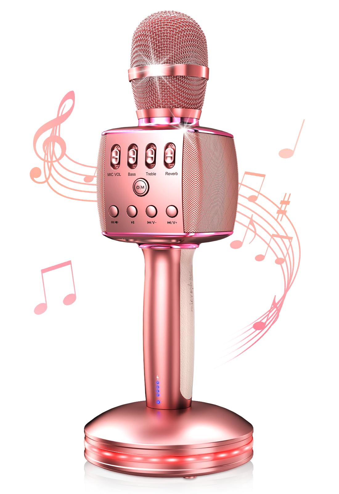 JINCOR Karaoke Microphone, Wireless Bluetooth Microphone Built-in Dual Speakers with Charging Base, Duet Mode,Vocal Remove for Home Birthday Party Kids Adults (Rose Gold)