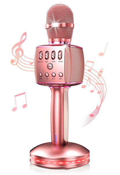 JINCOR Karaoke Microphone, Wireless Bluetooth Microphone Built-in Dual Speakers with Charging Base, Duet Mode,Vocal Remove for Home Birthday Party Kids Adults (Rose Gold)