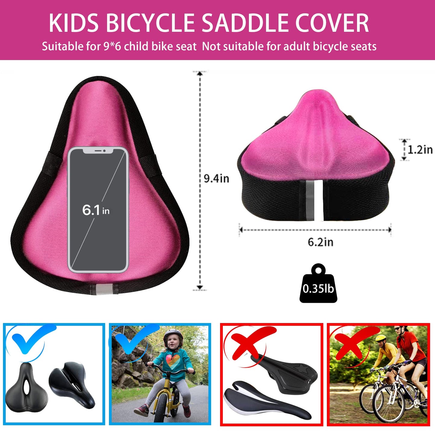 TOMDLING Kids Gel Bike Seat Cushion Cover, Breathable Memory Foam Child Bike Seat Cover, Seat Cushion for Children's Bicycle, with Water and Dust Resistant Cover, 9"x6"