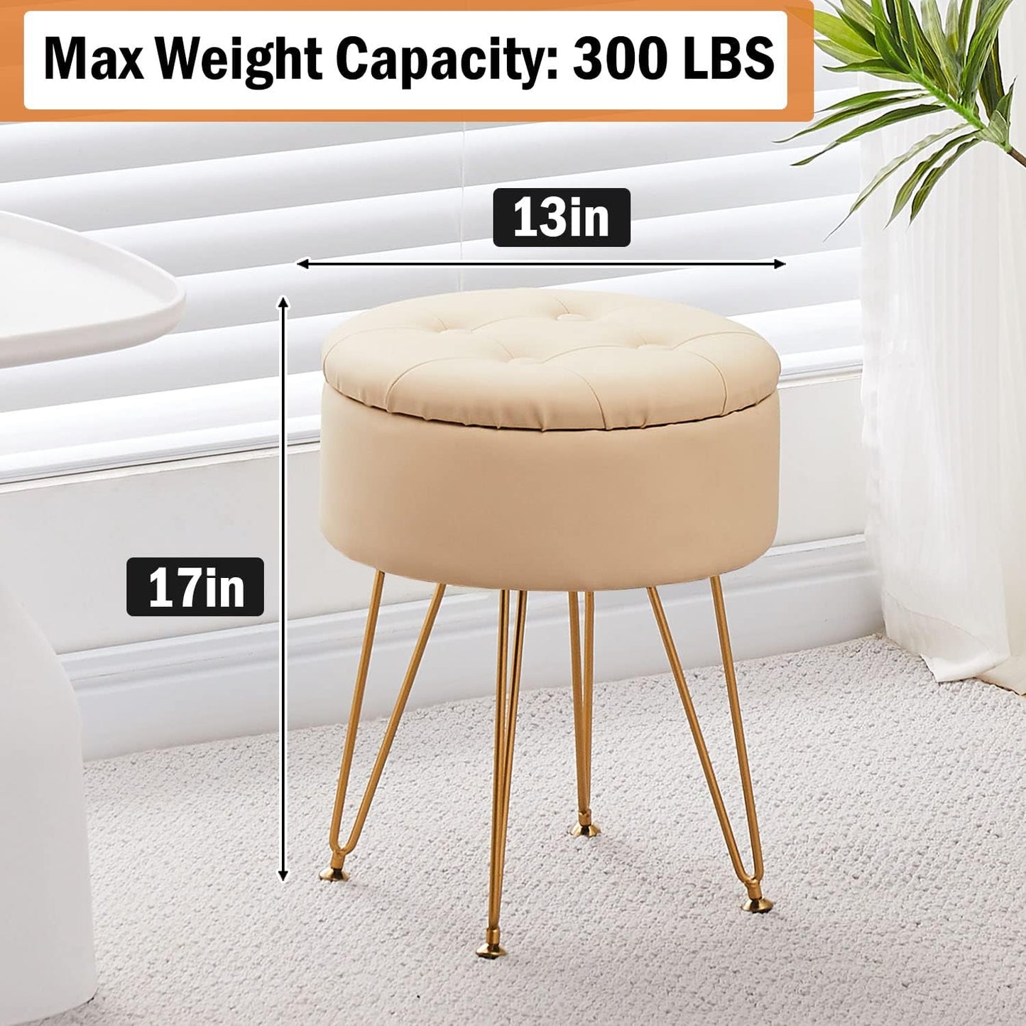 Cpintltr Faux Leather Storage Ottoman Round Footrest Stool Multifunctional Upholstered Ottoman with Metal Legs Modern Vanity Stools Tray Top Coffee Table Suitable for Living Room Bedroom Black