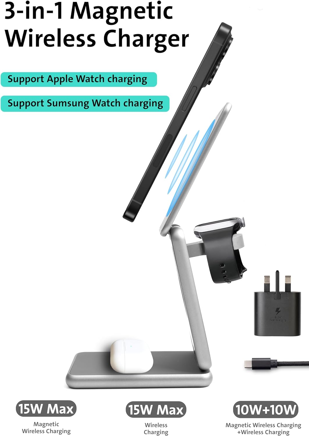 3IN1 WIRELESS CHARGING STAND With MAGSAFE/Qi, certified for Iphone/Samsung Devices and Accessories,Wireless MagSafe Charging Stand Station,15W Fast Charging series for Devices,Smart Watch