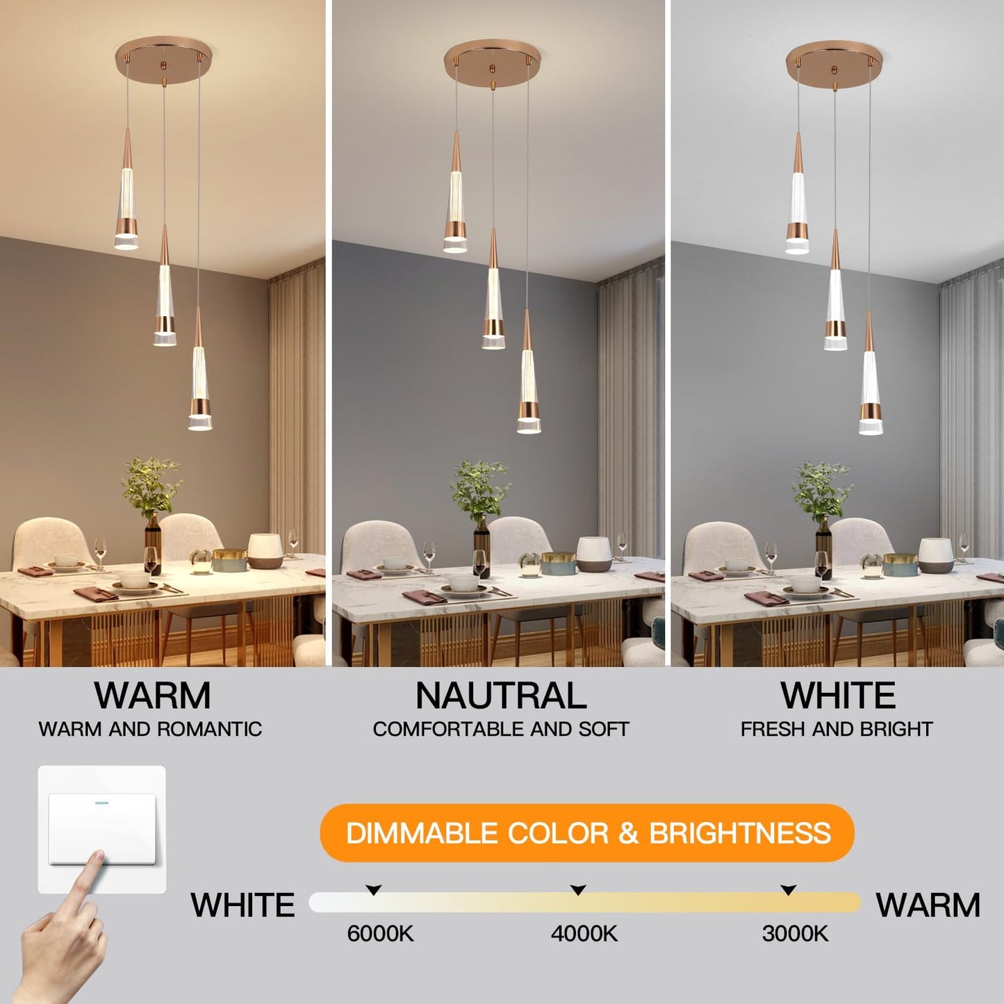 YT YATAI LIGHTING LED Pendant Light Ceiling 3 Heads,Dining Room Table Pendant Light,Black Gold Modern Cylinder Shape Pendant Lamp,Adjustable Color Temperature Acrylic Hanging Light(18W,3-Lights)