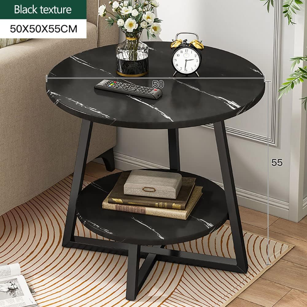 Round Coffee Table, Double Layer Sofa Side Table End Table, Imitation Marble Coffee Round Table Snack Table Bedside Table Nightstand with 2 Layer Storage for Living Room Small Space (H221-Black Top)