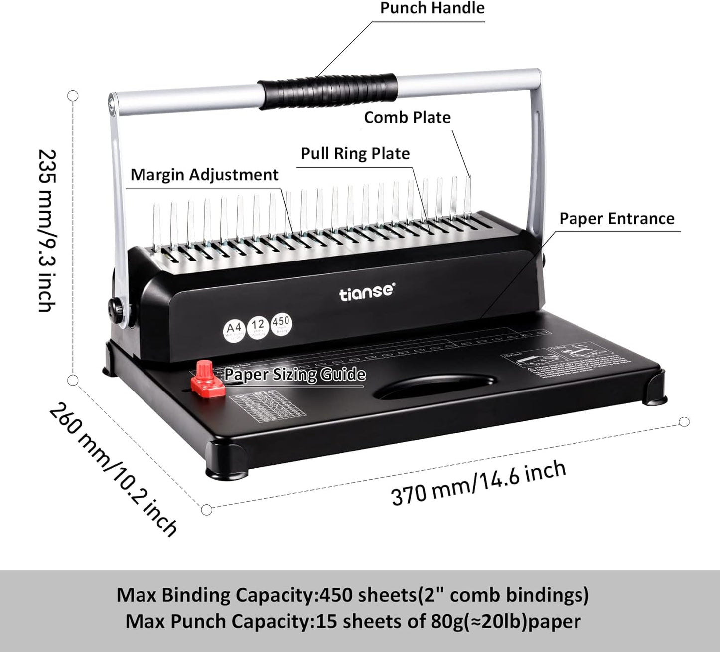 TIANSE Binding Machines, 21-Holes, 450 Sheets, Comb Bind Machine Book Maker with 100 PCS 3/8'' Comb Binder Spines Starter Kit, Comb Binding Machine for Letter Size, A4, A5 or Smaller Sizes