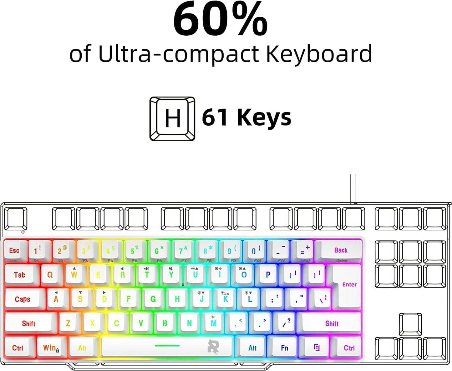 ROCK POW 60% Wired Gaming Keyboard, Small RGB Backlit Membrane Gaming Keyboard, Ultra-Compact Mini Waterproof Keyboard for PC Computer Gamer White and Black