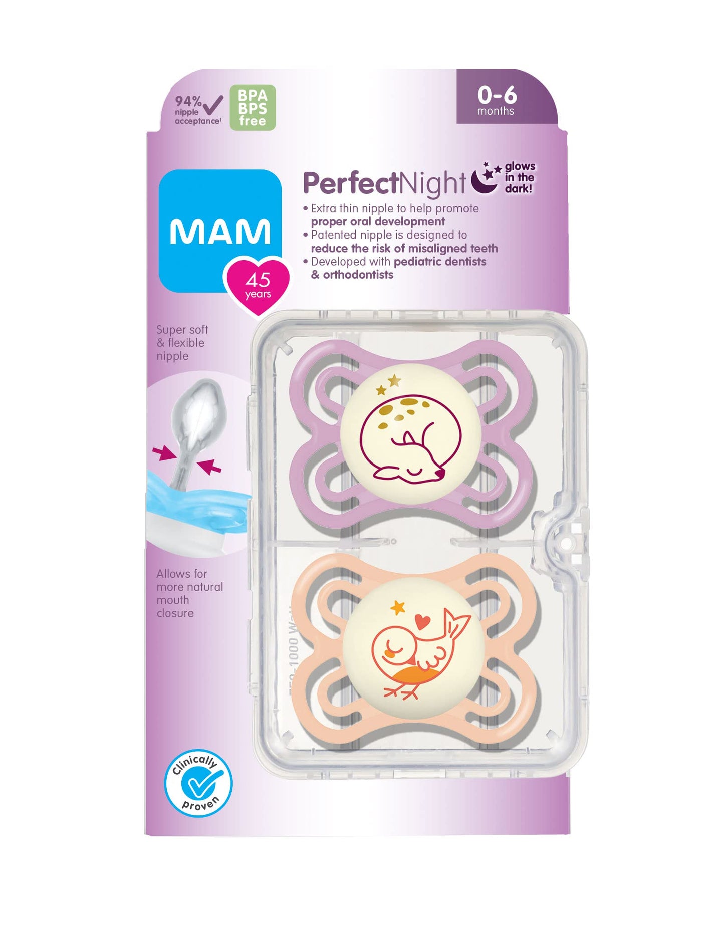 MAM Perfect Night Baby Pacifier, Patented, Glows in the Dark, 2 Pack, 0-6 Months, Unisex