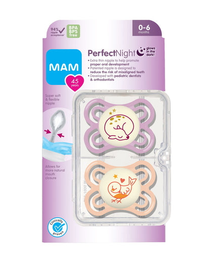 MAM Perfect Night Baby Pacifier, Patented, Glows in the Dark, 2 Pack, 0-6 Months, Unisex