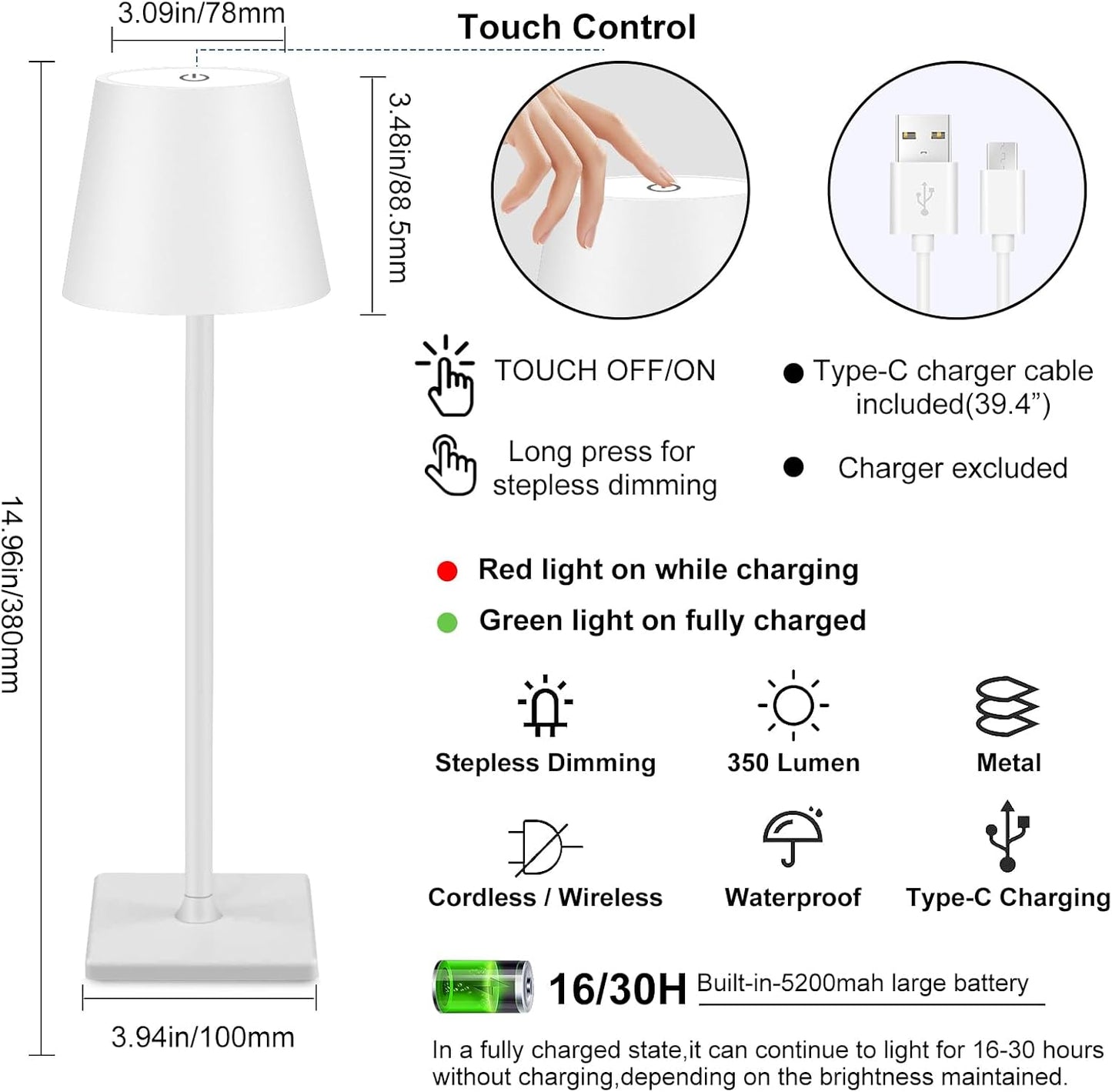 sunseatop Cordless Table Lamp,Rechargeable Black Desk lamp 5000mAh Battery Operated Table Light Metal Shell Touch Lamps for Bedrooms Restaurant Bars Party Camping Coffee Shop