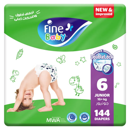 Fine Baby Diapers, Size 6, Junior, 16+ kg, 144 Diaper