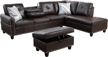 UBGO Sectional Living Room Furniture, L-Shape Couch with Ottomans and Chaise Lounge,Faux Synthetic Leather Nailhead Trim w/Cup Holders,3-Piece Sofa Set, Brown-B