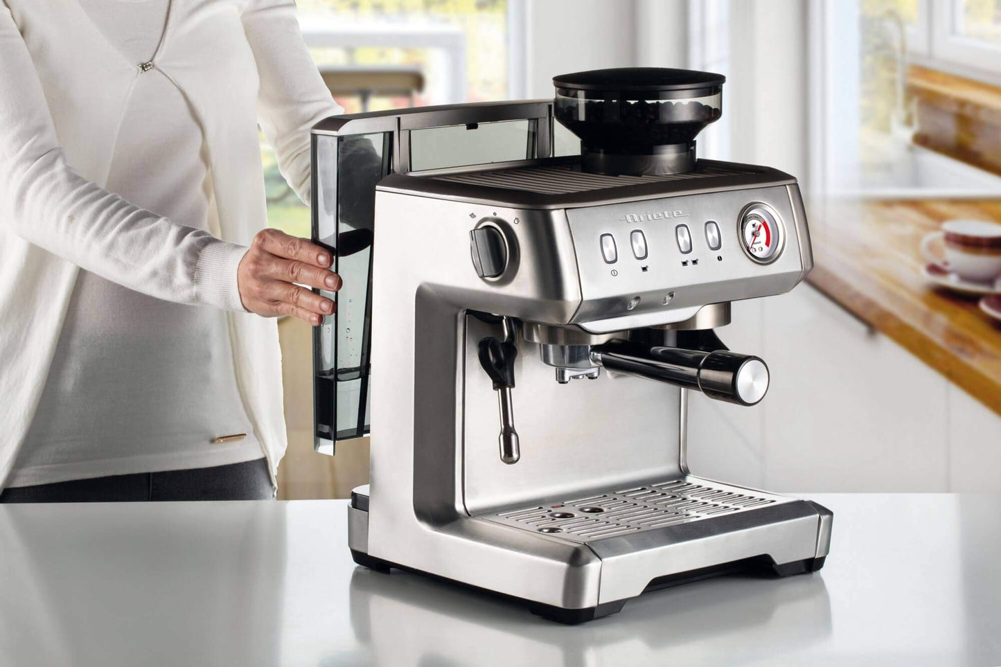 Ariete Espresso Coffee Machine with Grinder and Milk Frother, 1600W, 15 Bar, Maxi Cappuccino Maker, Compatible with Ground Coffee and ESE Pods, Auto shut-off, Ideal for Home and Office - ART1313